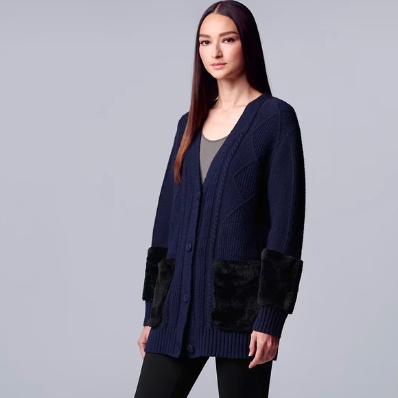 SVW Cable Knit Fur Trimmed Cardigan Sweater - Picture 1 of 14